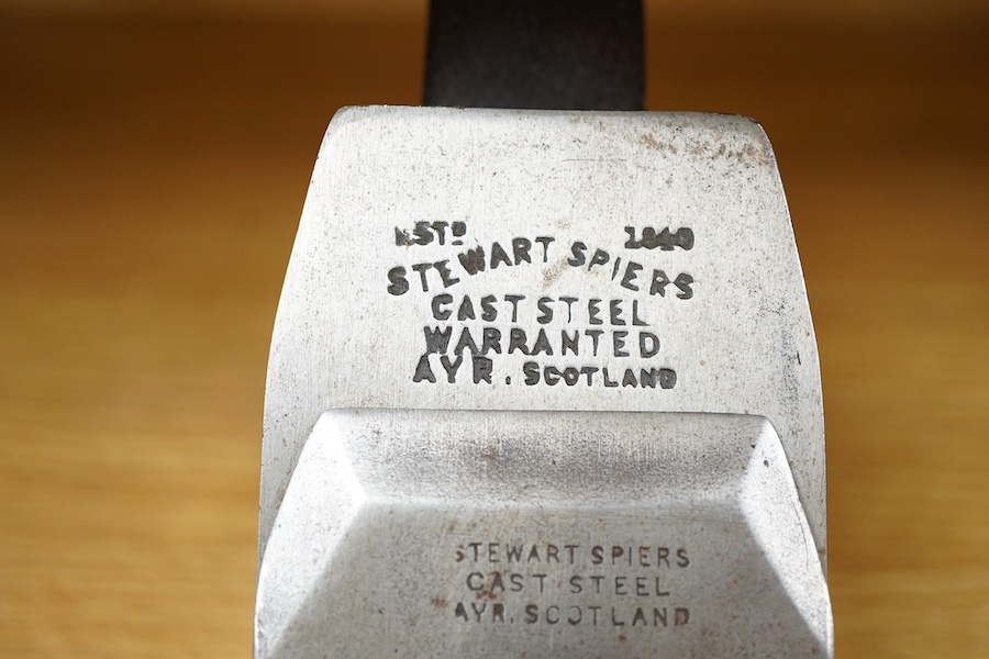 A Stewart Spiers steel 15 1/2” panel plane, stamped with Spiers, Ayr to the brass lever cap, chip breaker and iron, with rosewood infill